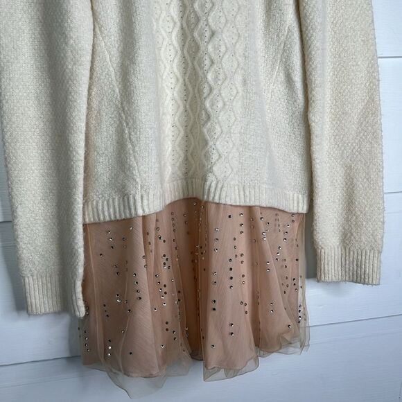 Anthropologie Ivory Cable-Knit Sweater w/ Rhinestone Peach Tulle – Size XS - Picture 7 of 16